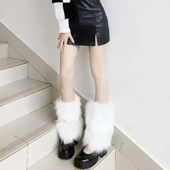 Jambières japonaises en fausse fourrure blanche, couvre-bottes Y2K Goth, chaussettes solides, Punk J
