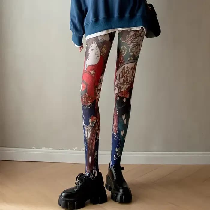 Collants imprimés rétro pour femmes, bas de Portrait abstrait, multicolores, à la mode, en Nylon et