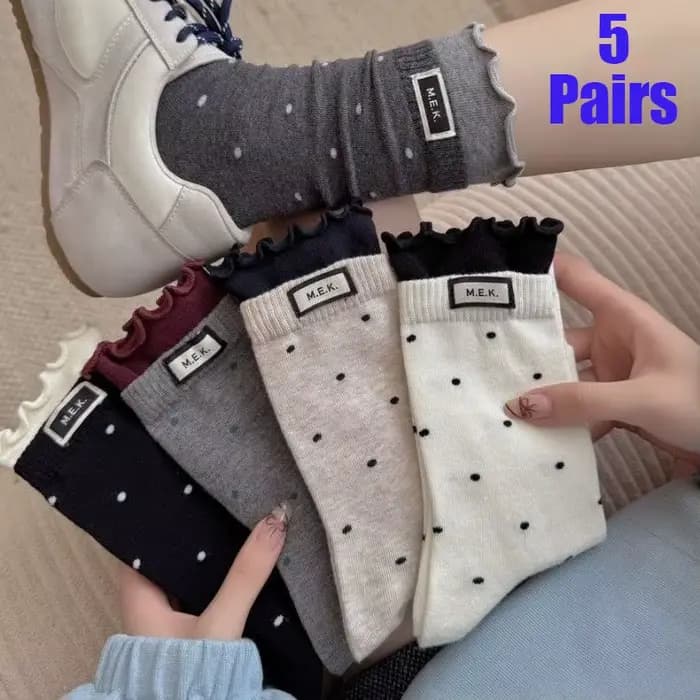 Chaussettes mi-hautes pour femmes, 5 paires, à pois, mignonnes, à volants, décontractées, respirante