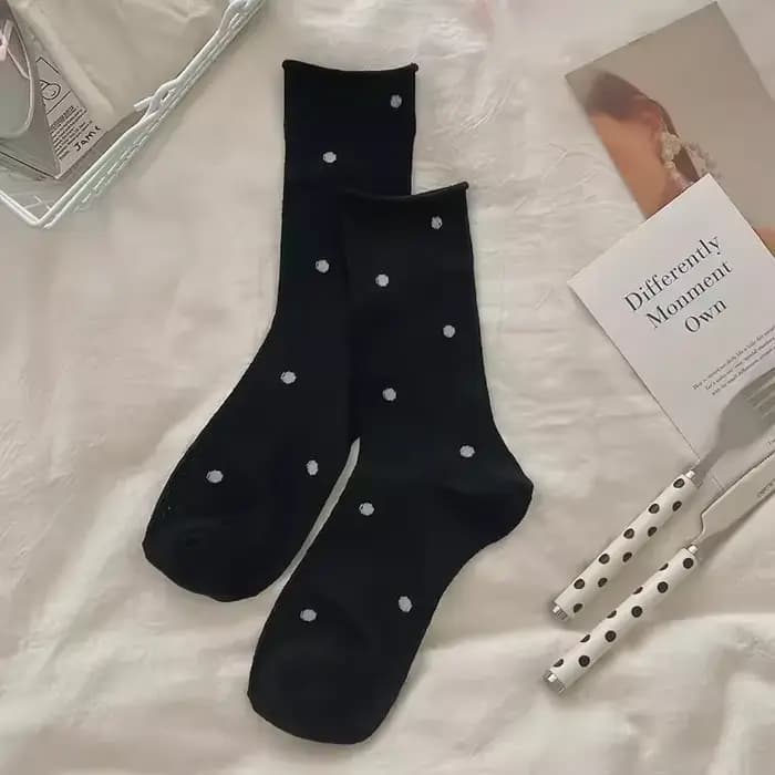 Chaussettes fines en coton imprimé à pois pour femmes, chaussettes à volants pour filles, noir et bl