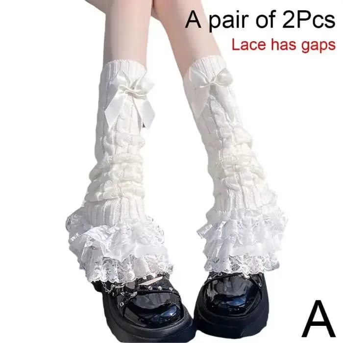 Femmes japonaises tricoté jambières arc à plusieurs niveaux chaussettes à volants fille dentelle Lol
