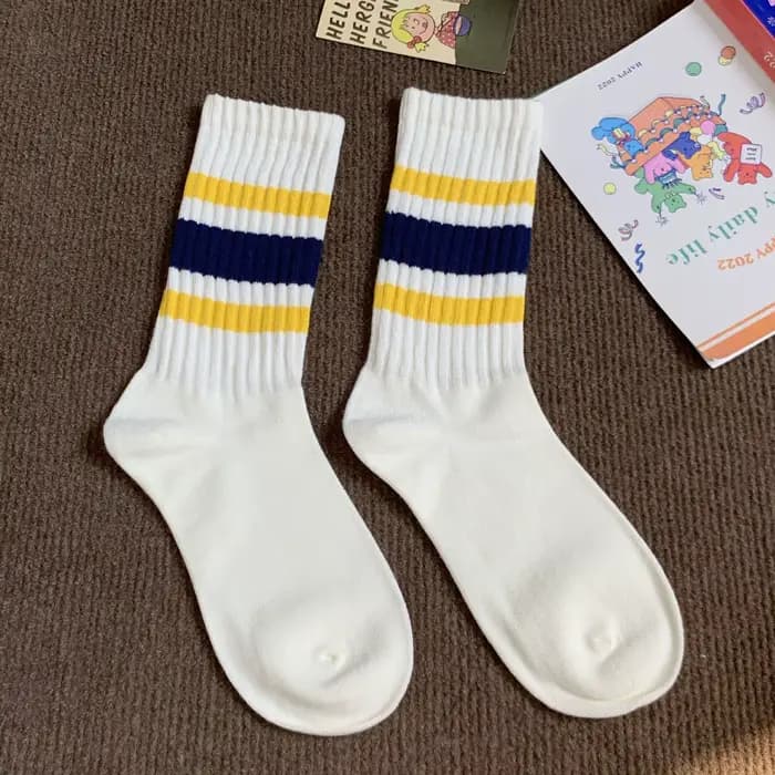 Chaussettes de sport mi-hautes rayées pour hommes, style vintage unisexe, en coton épais japonais, p