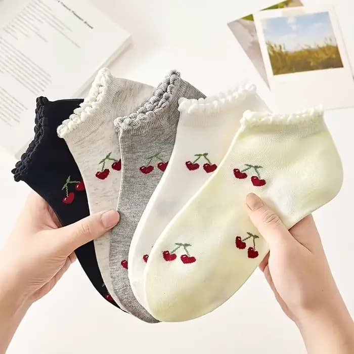 5 paires de chaussettes à volants mignonnes en forme de cerise pour femmes, chaussettes décontractée