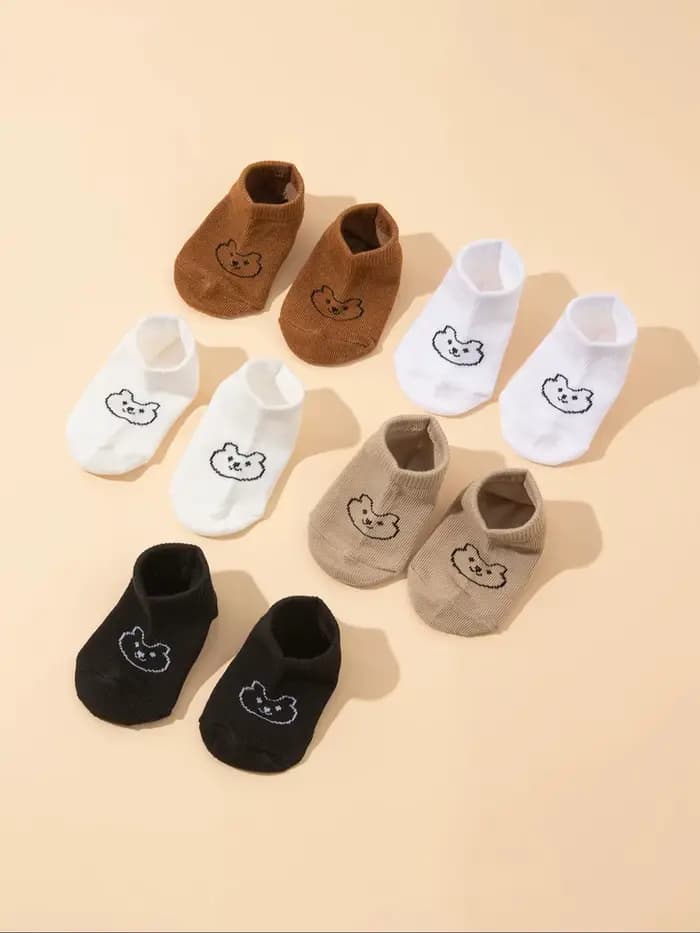 5 paires de chaussettes antidérapantes pour bébé, imprimé ours mignon, chaussettes respirantes pour