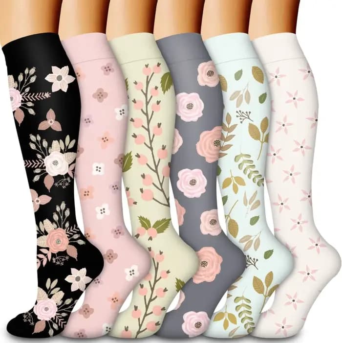 6 paires de nouvelles chaussettes de compression à motif floral, chaussettes de sport professionnell