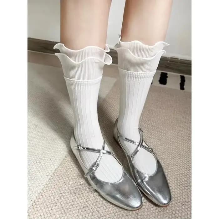 Chaussettes mi-mollet à double volants pour femmes, chaussettes JK Lolita Party Pys, chaussettes de