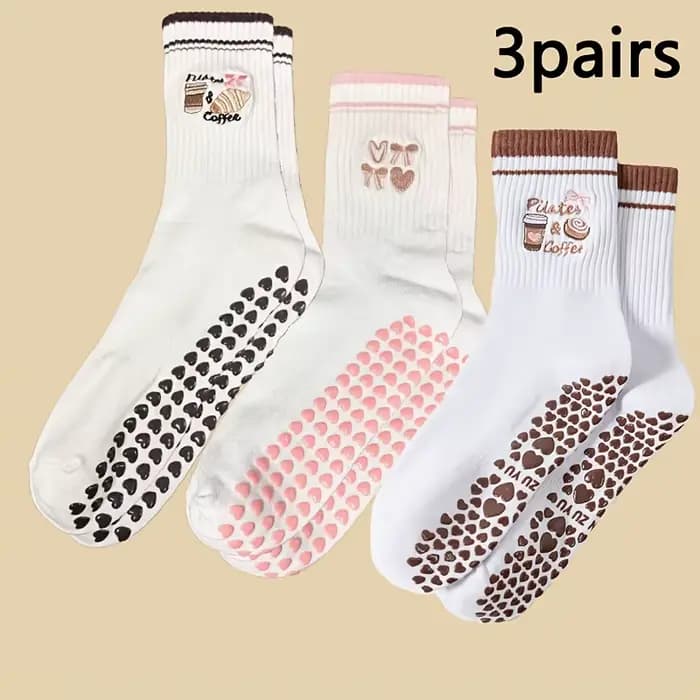 Lot de 3 paires de chaussettes antidérapantes Coffee Heart | Café brodé + points de poignée en for