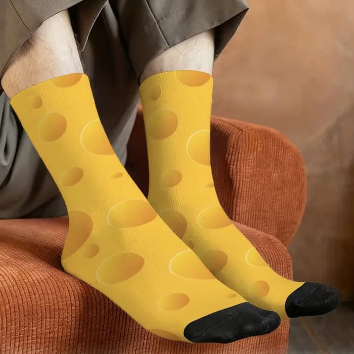 Chaussettes mi-mollet pour hommes à imprimé dessin animé mignon et amusant, motif fromage suisse, re