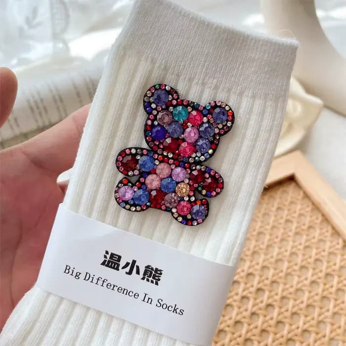 Chaussettes décoratives ours de dessin animé diamant, chaussettes pour femmes scintillantes à la mod