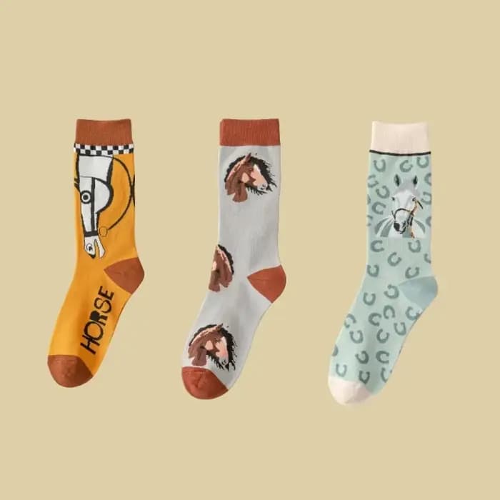 3 paires de nouvelles chaussettes d'automne et d'hiver, cheval de dessin animé contrasté, semelle in