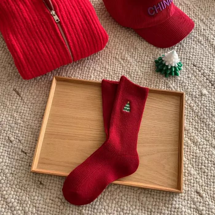 Chaussettes brodées de noël en coton, arbre de noël, bonhomme de neige, bonneterie de dessin animé,