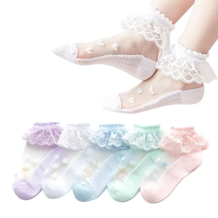 Chaussettes pour filles, chaussettes à volants transparentes en soie - Lot de 5 chaussettes fines en