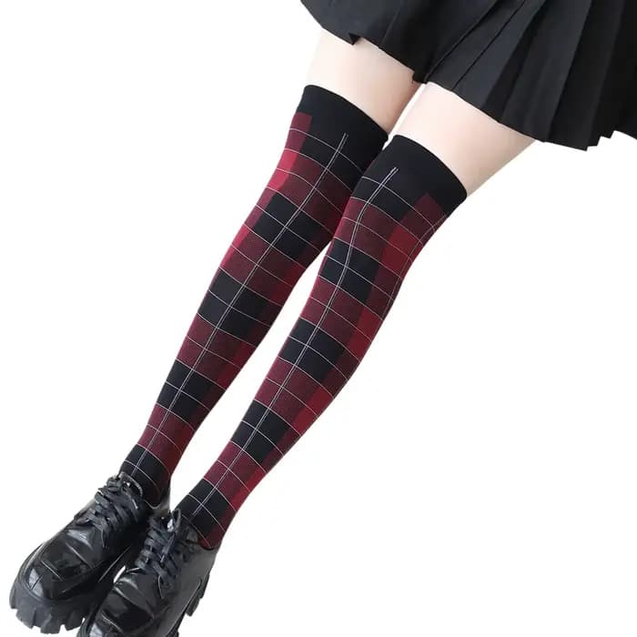 Chaussettes pour femmes en nylon 50D, rouge et noir, motif écossais audacieux, chaussettes opaques à