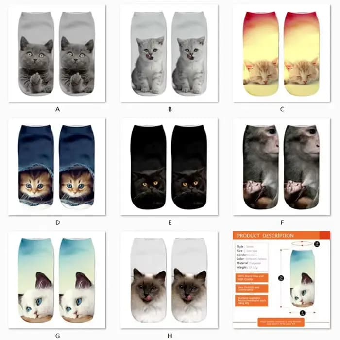 3 paires nouvelle impression 3D drôle mignon dessin animé chaton unisexe chaussettes courtes créatif