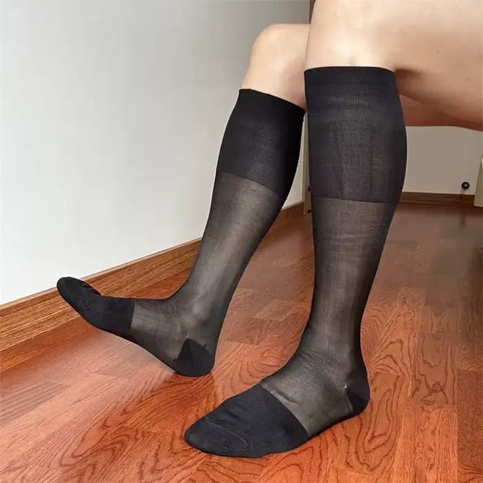 Nouvelles chaussettes longues marron pour homme, super qualité, sexy, transparentes, pour mollets ma
