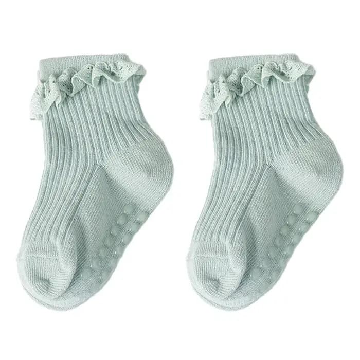 Chaussettes en dentelle douce pour bébés filles, antidérapantes, points adhésifs, couleur unie, en c