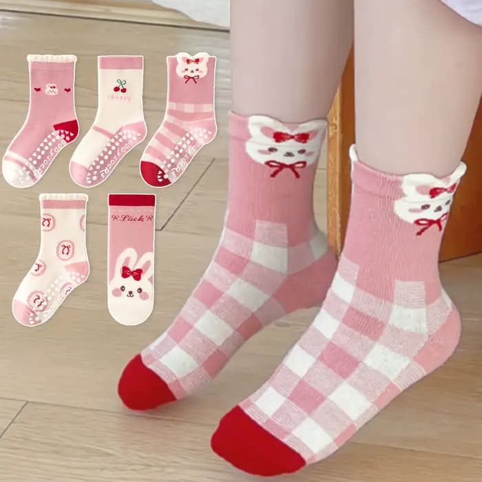 Lot de 5 chaussettes de sol pour enfants avec nœud rose et motif lapin, chaussettes d'intérieur anti