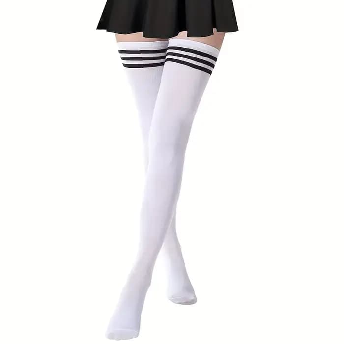Chaussettes au dessus du genou pour femmes, chaussettes hautes, noires et blanches, demi-bas pour fe