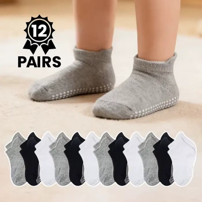 12 paires de chaussettes antidérapantes à points de colle noires, blanches et grises pour tout-petit