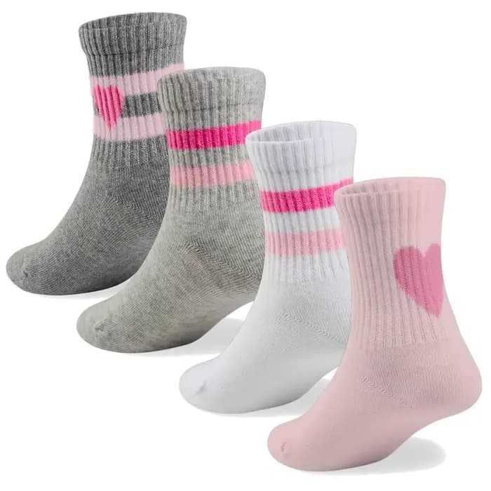 4 paires de chaussettes de sport longues pour filles roses, blanches et grises, un motif cœur rayé r