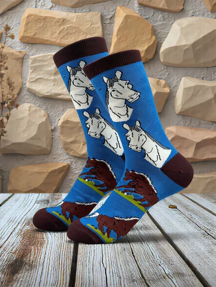 1 paire de chaussettes rétro en coton imprimées cheval pour homme, motif animal équestre, mi-mollet,