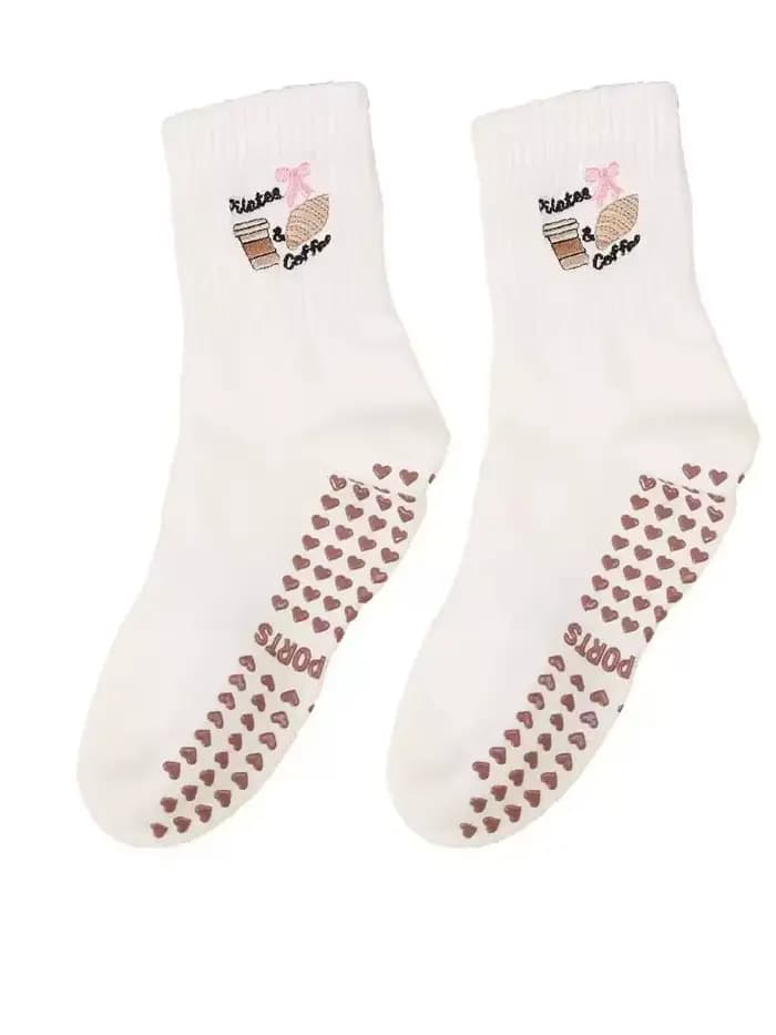 Chaussettes de yoga pour femmes 35-40 en coton, brodées cerises, bord festonné, antidérapantes en si