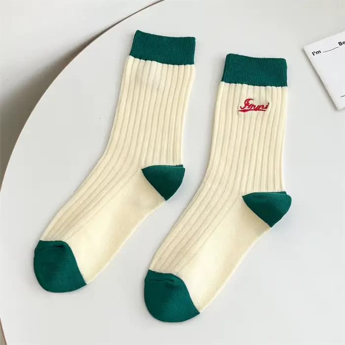 Chaussettes longues rayées en coton pour femmes, respirantes et douces, style coréen, broderie migno