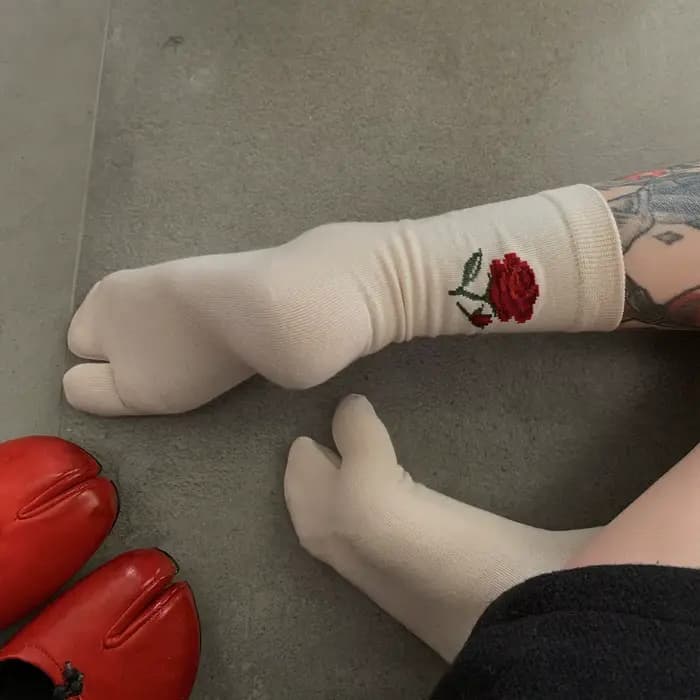 Femme mode élégant rétro printemps automne bout fendu coton chaussettes Rose motifs floraux deux ort