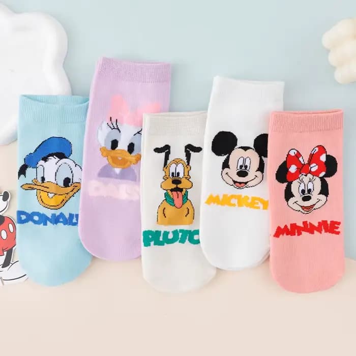 5 paires de chaussettes courtes en coton imprimées de dessins animés Disney Mickey Minnie Donald Duc