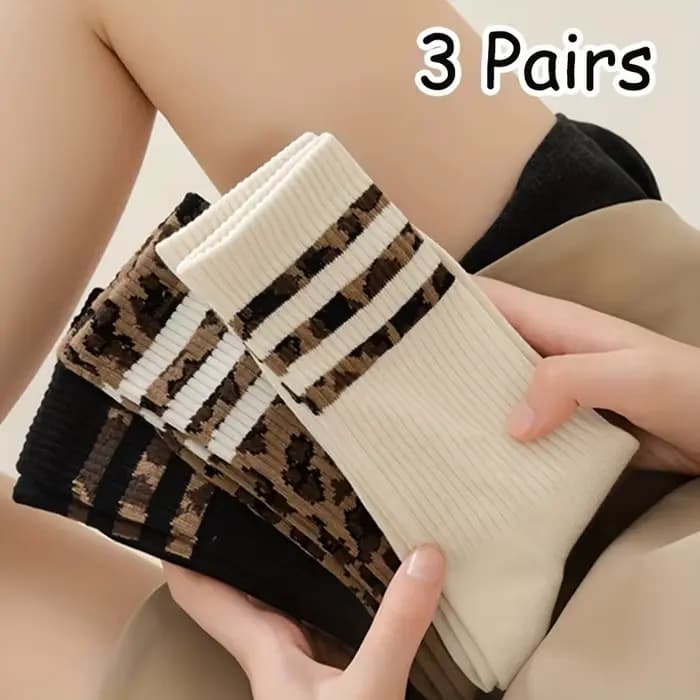 3 paires de chaussettes mi-mollet pour femmes, chaussettes longues à imprimé léopard, tendance print