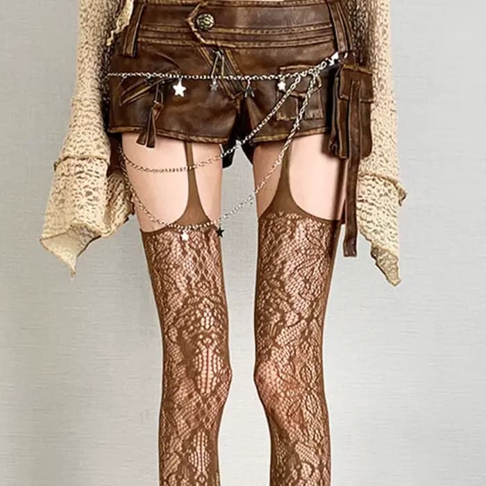 Bas résille marron imprimés pour femmes, chaussettes Sexy café ajourées, cuisses hautes, gothique, L