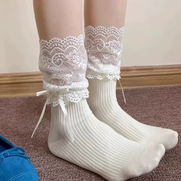 Lolita dentelle nœud chaussettes automne/hiver cuisse haute dentelle mignon Lolita épais chaud bas S