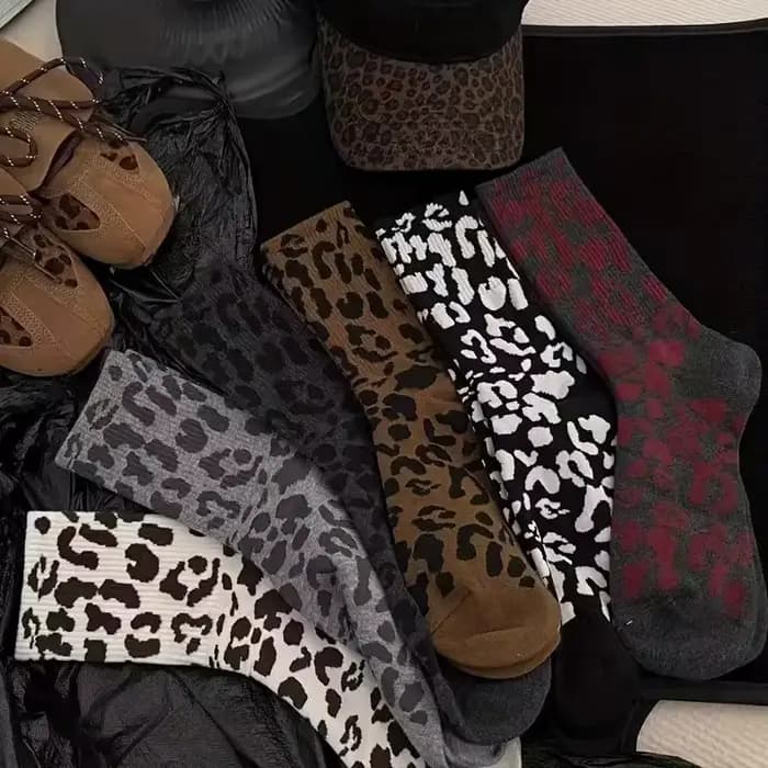 6 paires femmes imprimé léopard mi-long chaussettes à la mode impression confortable évacuant la sue