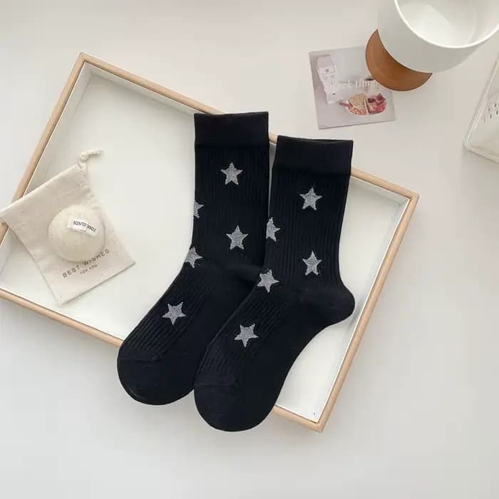 Chaussettes longues à imprimé étoile pour femmes, tube moyen, coton respirant, noir, blanc, gris, Ha