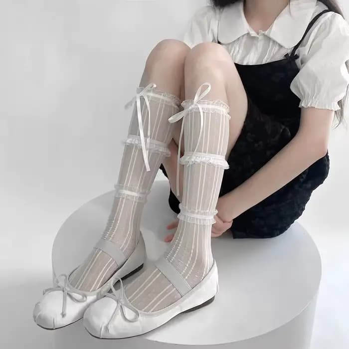 Chaussettes respirantes en dentelle avec nœud pour femmes, bas sexy noirs, style doux, chaussettes h