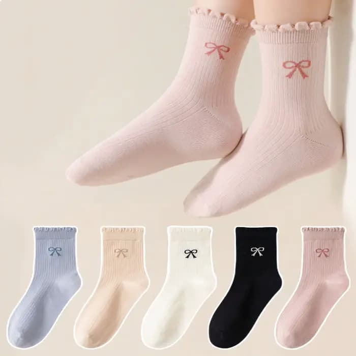 3 paires de chaussettes pour enfants de couleurs mélangées aléatoires avec motifs de nœuds en dentel