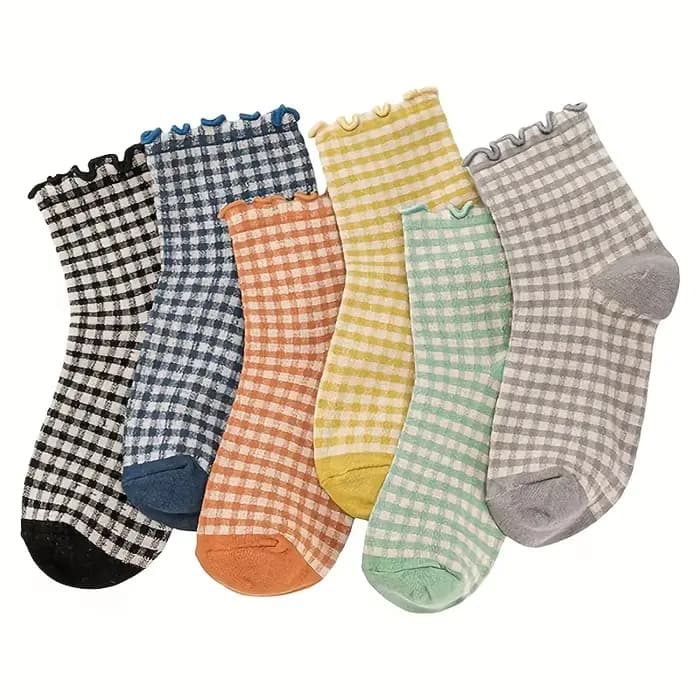 6 paires de chaussettes Vintage en dentelle à carreaux, tube moyen, bord champignon pour fille, chau
