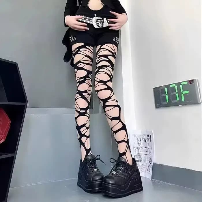Collants résille déchirés noirs Sexy pour femmes, gothique Punk ajouré, bas en maille serrée, Leggin