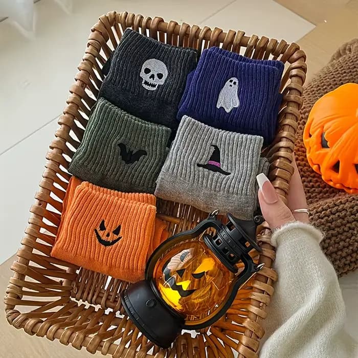 5 paires de chaussettes mi-longues pour couple masculin et féminin, série Halloween, pour un usage q