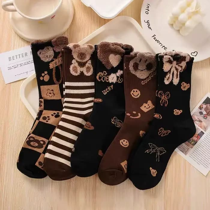 5 paires de chaussettes en cachemire pour femmes, chaussettes épaisses à la mode, joli ours Maillard