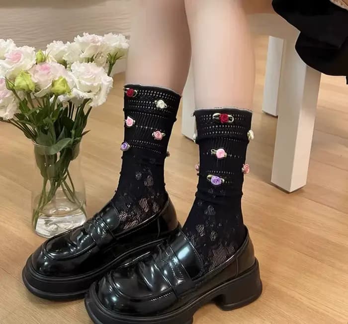 Chaussettes d'été fines pour femmes, élégantes, style français, motif rose, mi-mollet, respirantes,