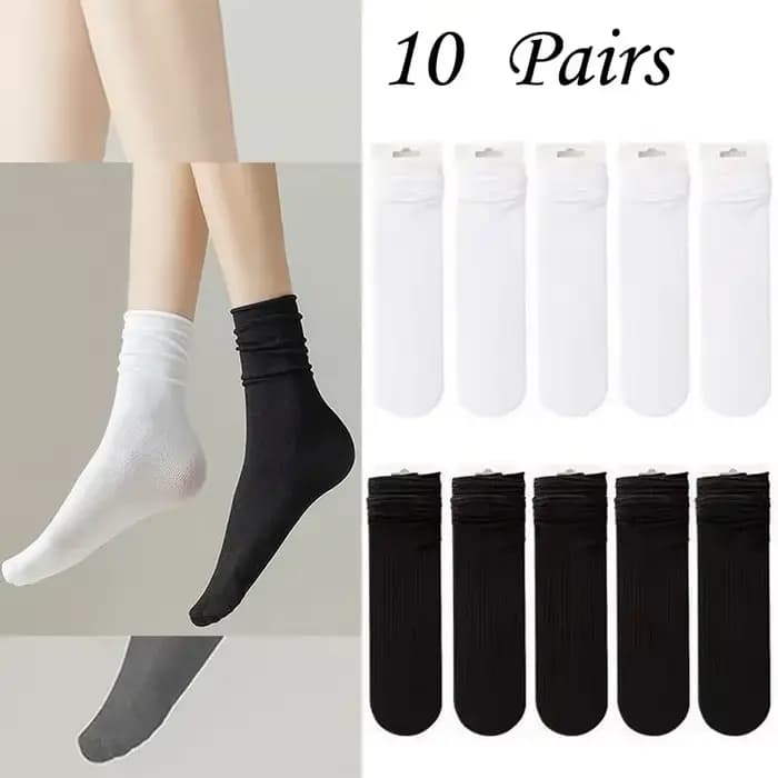 10 paires de chaussettes en soie glacée pour femmes, Tube moyen, couleur unie, Style empilé, chaussettes décontractées respirantes et douces