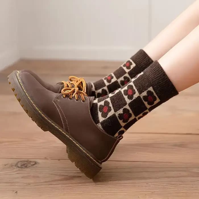 Chaussettes chaudes en laine épaisse, chaussettes tubulaires décontractées, automne et hiver, chaudes et confortables, en coton, damier, champignon, mignonnes