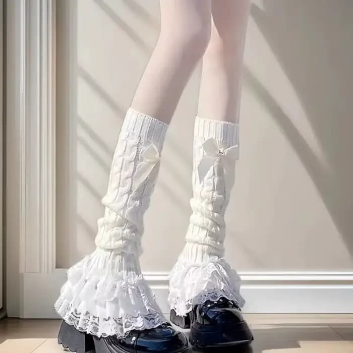 Chaussettes tricotées japonaises pour femmes, avec nœud et volants, style Lolita, en dentelle, hauteur genou, côtelées, pour fête/cosplay anime