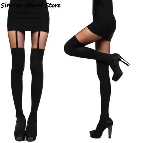 1 paire mode femme Sexy noir faux porte-jarretelles collants sur le genou bonneterie bas taille unique
