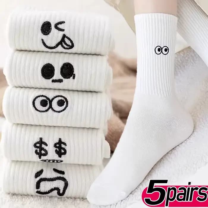 5 paires d'expressions émotionnelles mignonnes chaussettes chaudes pour femmes blanc Kawaii bas brodés