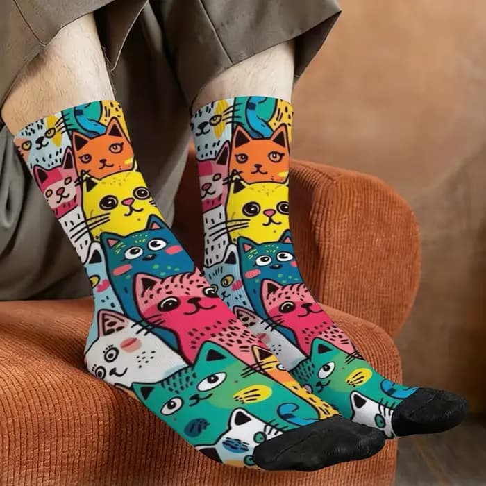 Chaussettes amusantes pour hommes avec motif de chat de dessin animé mignon