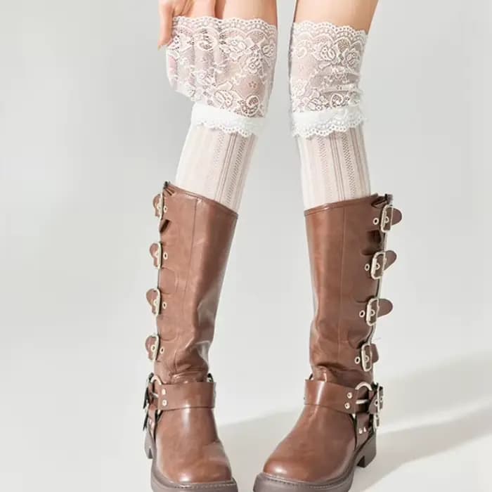 Nouvelles chaussettes longues en dentelle gris-blanc pour femme