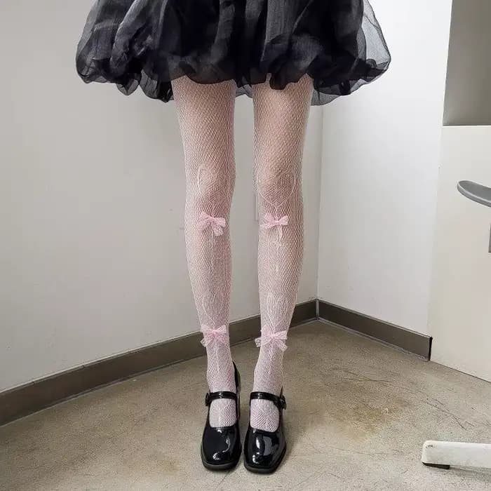 Collants en velours rose avec nœud brodé de perles