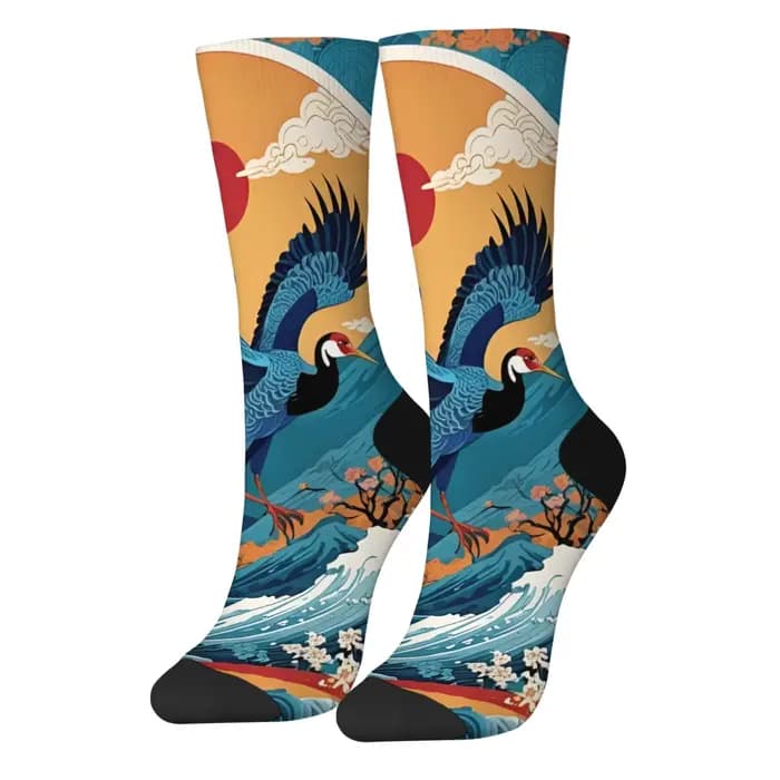 Chaussettes pour hommes rétro japonaises Ukiyo-e imprimé grue Harajuku